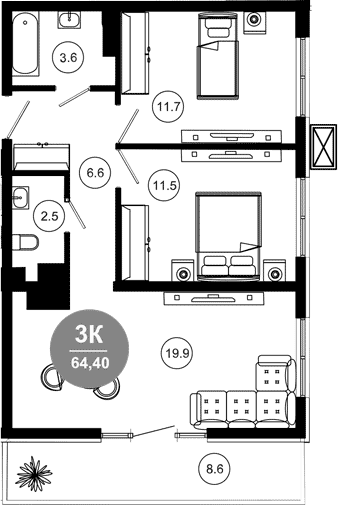 Продается 3-комн. квартира, 57.3 м²