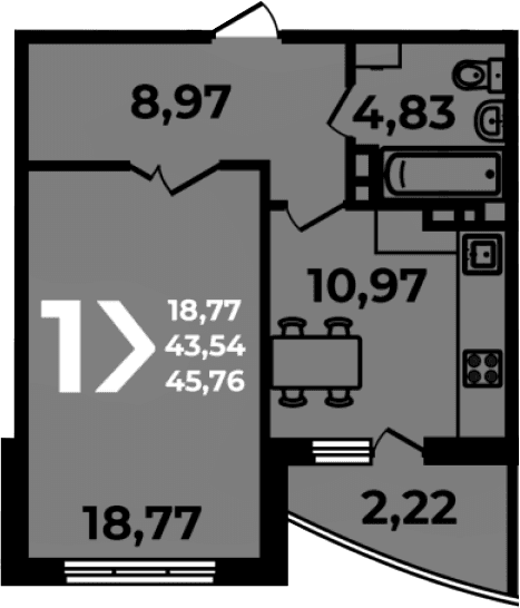 Продается 1-комн. квартира, 43.54 м²
