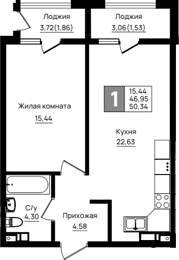 Продается 1-комн. квартира, 46.95 м²