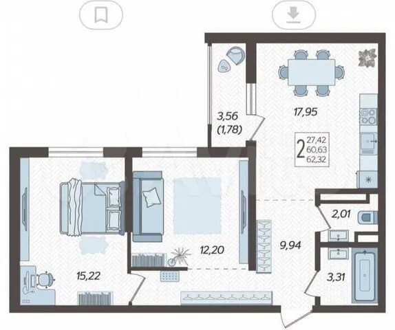 Продается 2-комн. квартира, 62 м²