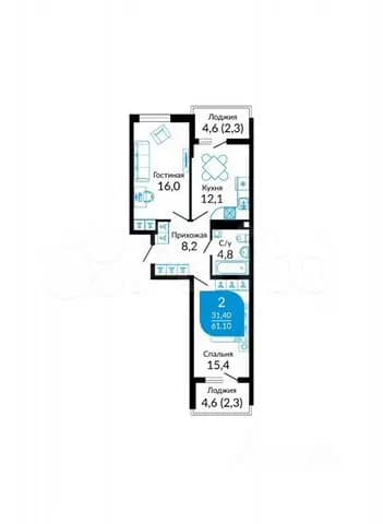 Продается 2-комн. квартира, 62.5 м²