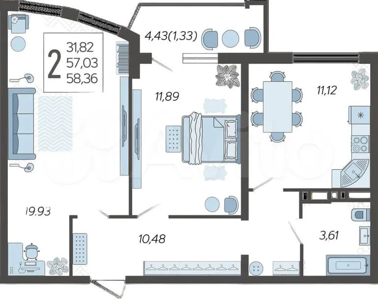Продается 2-комн. квартира, 58.4 м² — фото 2