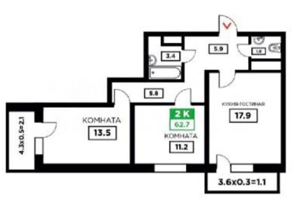 Продается 2-комн. квартира, 62.7 м² — фото 4