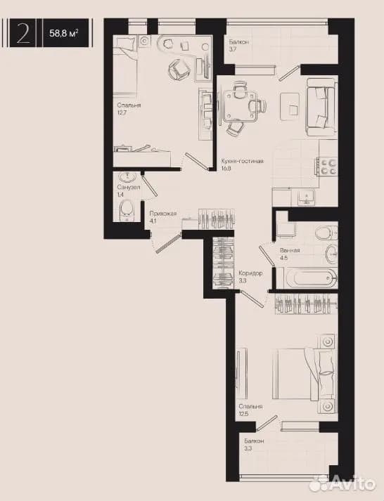 Продается 2-комн. квартира, 58.8 м²