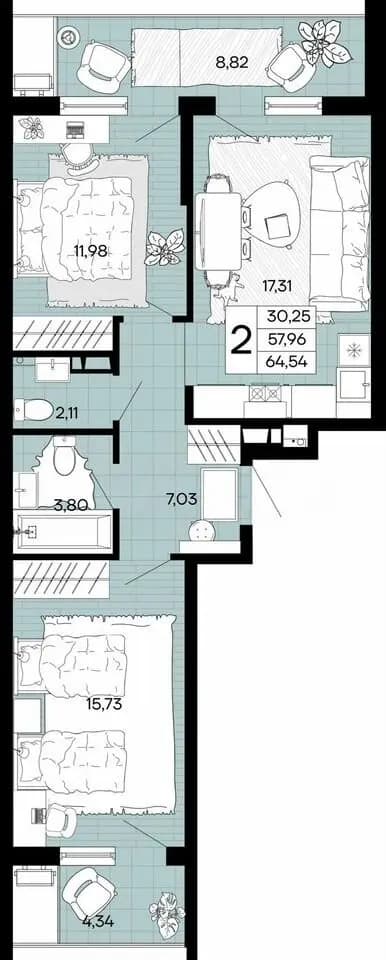 Продается 2-комн. квартира, 64.7 м² — фото 2