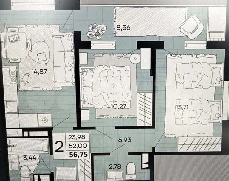 Продается 2-комн. квартира, 56.8 м² — фото 2