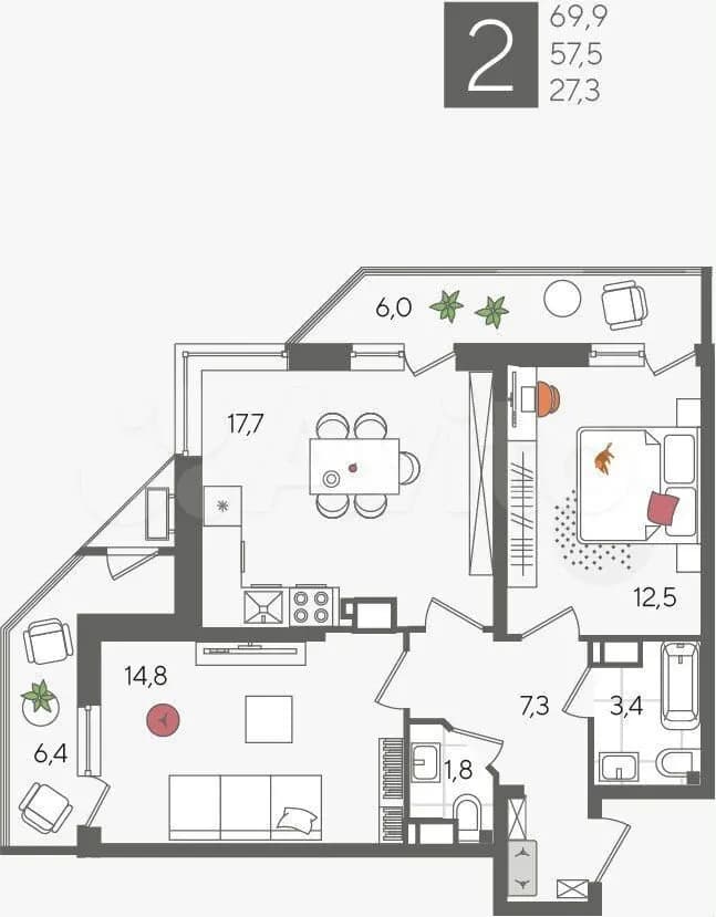 Продается 2-комн. квартира, 69.9 м²