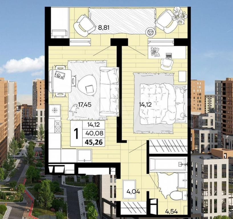 Продается 1-комн. квартира, 45.3 м² — фото 4
