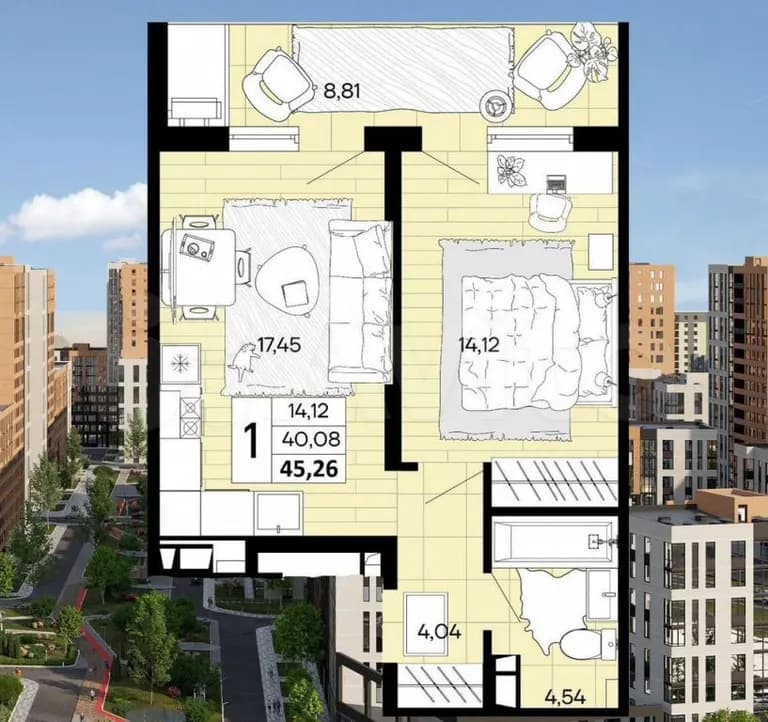 Продается 1-комн. квартира, 45.3 м²