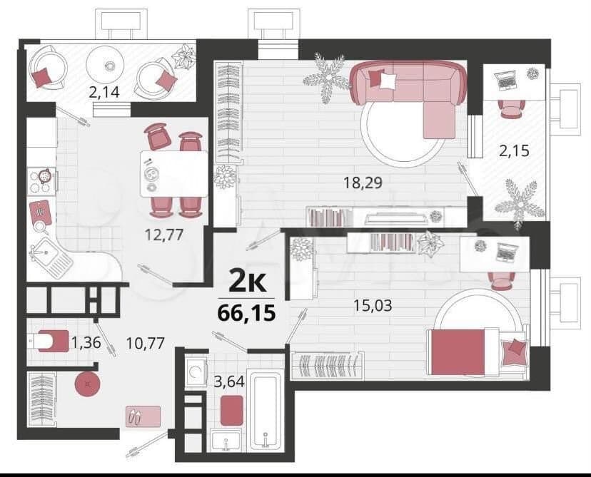 Продается 2-комн. квартира, 66.2 м²
