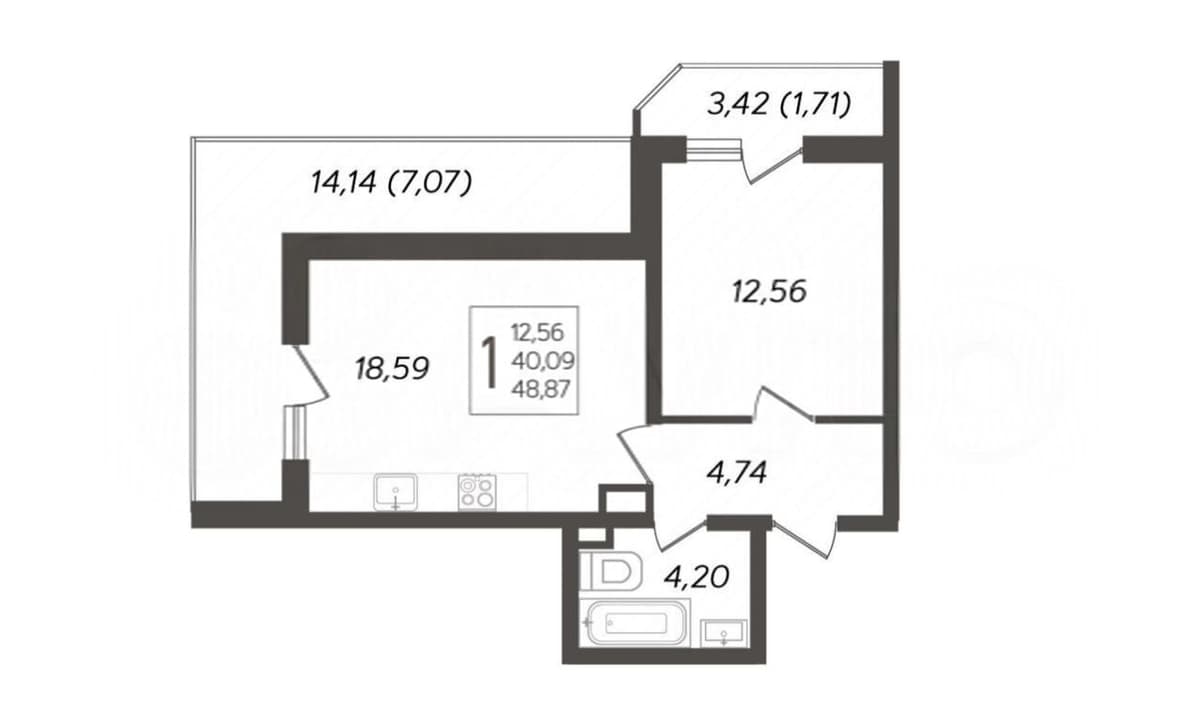 Продается 1-комн. квартира, 48.87 м² — фото 3
