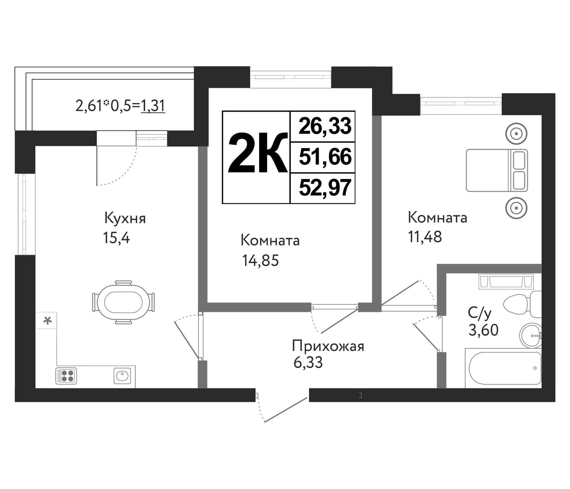 Продается 2-комн. квартира, 51.66 м²