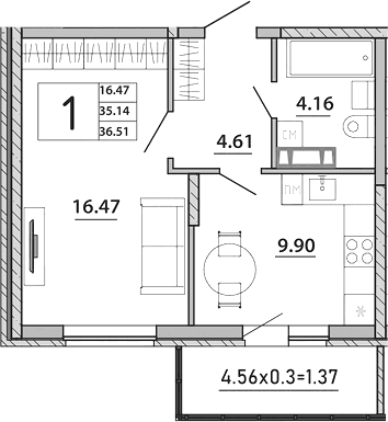 Продается 1-комн. квартира, 35.14 м²