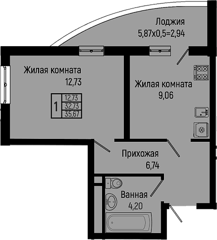 Продается 1-комн. квартира, 32.73 м²