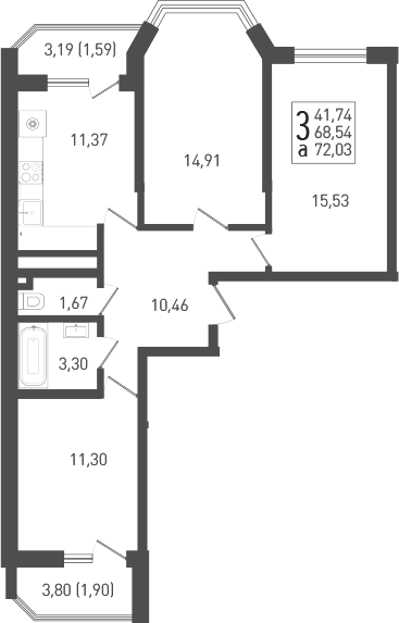 Продается 3-комн. квартира, 70.2 м²