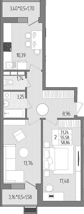 Продается 2-комн. квартира, 55.58 м²