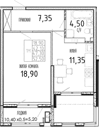 Продается 1-комн. квартира, 42.1 м²