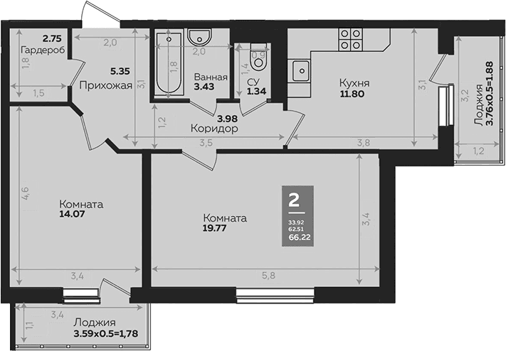 Продается 2-комн. квартира, 62.47 м²