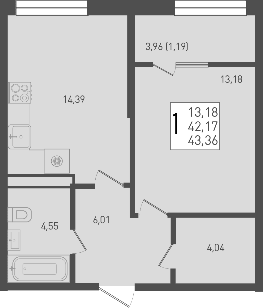 Продается 1-комн. квартира, 42.17 м²