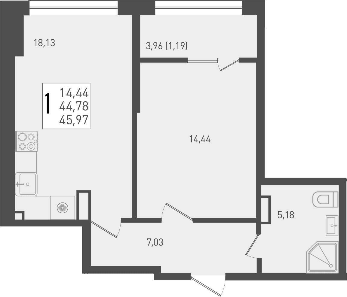 Продается 1-комн. квартира, 44.78 м²