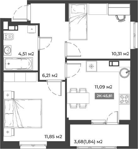 Продается 2-комн. квартира, 43.97 м²