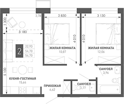 Продается 2-комн. квартира, 57.54 м²