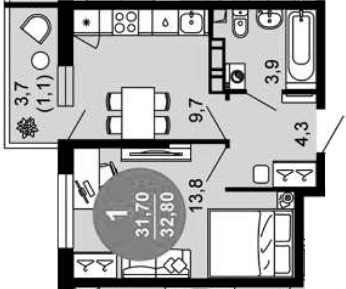 Продается 1-комн. квартира, 31.7 м²