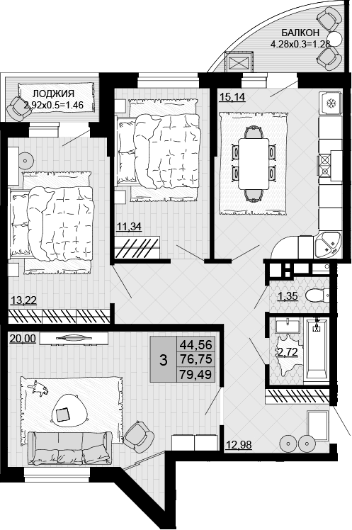 Продается 3-комн. квартира, 76.75 м²