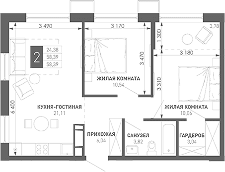 Продается 2-комн. квартира, 61.58 м²
