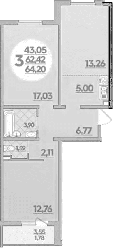 Продается 2-комн. квартира, 62.42 м²
