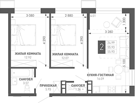 Продается 2-комн. квартира, 57.77 м²
