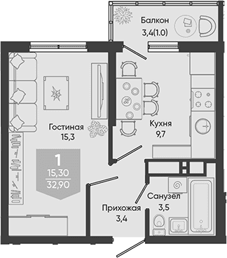 Продается 1-комн. квартира, 31.9 м²