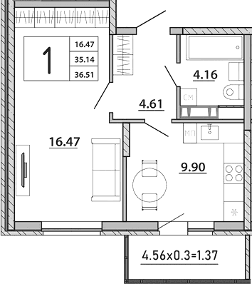 Продается 1-комн. квартира, 35.14 м²