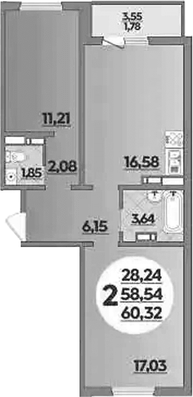 Продается 2-комн. квартира, 58.54 м²