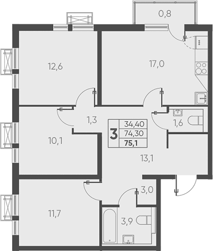Продается 3-комн. квартира, 74.3 м²