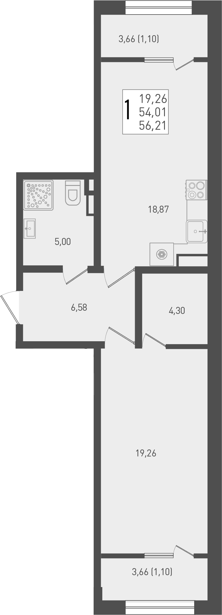 Продается 1-комн. квартира, 54.01 м²