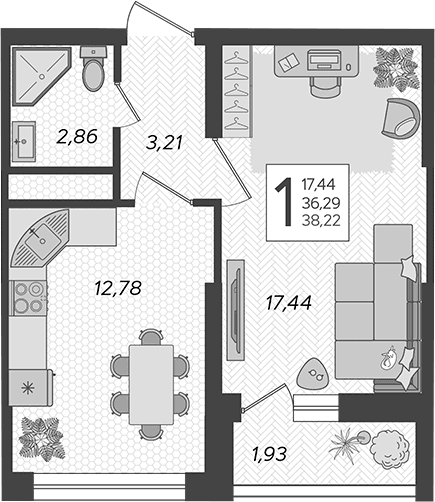 Продается 1-комн. квартира, 37.27 м²