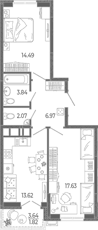 Продается 2-комн. квартира, 58.62 м²