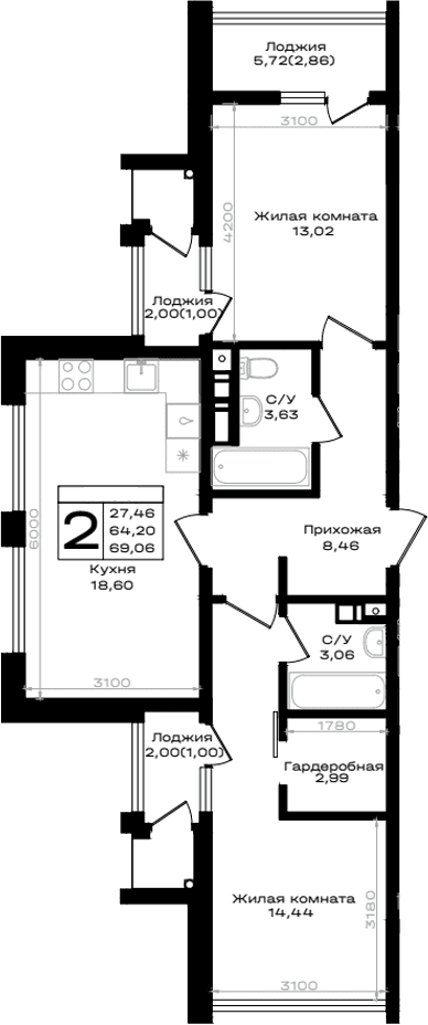 Продается 2-комн. квартира, 64.2 м²