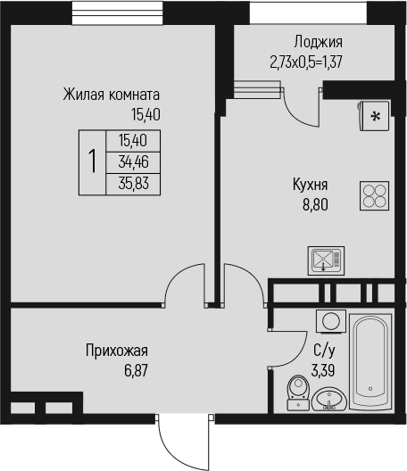 Продается 1-комн. квартира, 34.46 м²