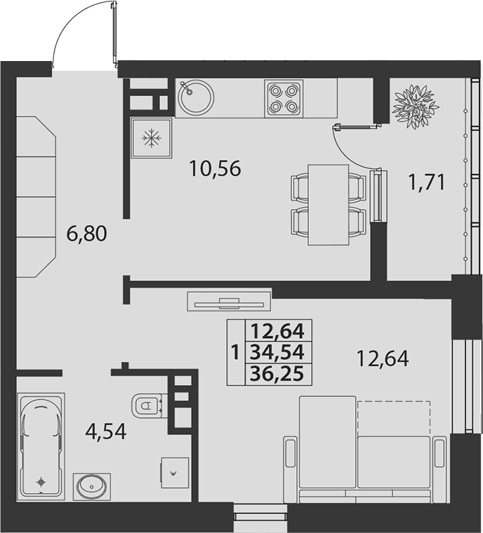 Продается 1-комн. квартира, 34.54 м²