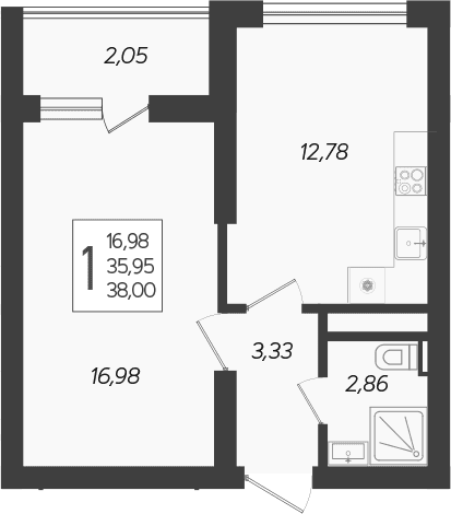 Продается 1-комн. квартира, 35.95 м²