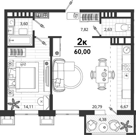 Продается 1-комн. квартира, 55.62 м²