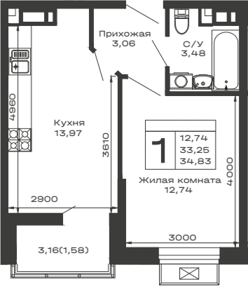 Продается 1-комн. квартира, 33.25 м²