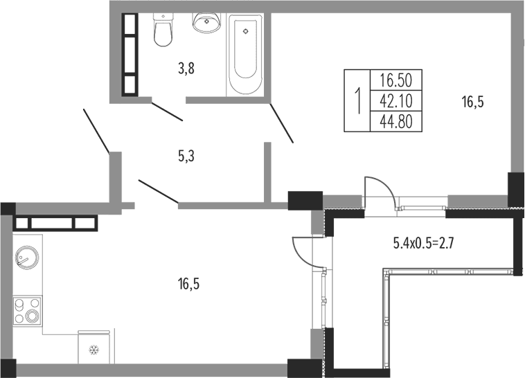 Продается 1-комн. квартира, 43.8 м²