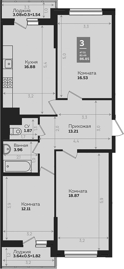 Продается 3-комн. квартира, 83.49 м²