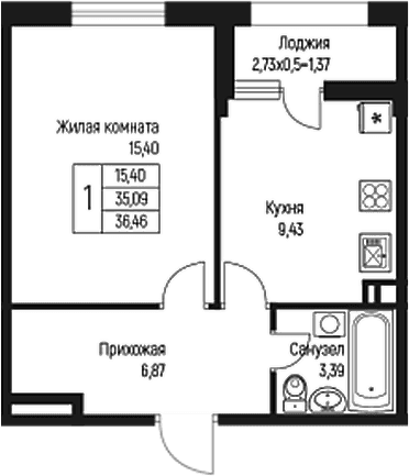 Продается 1-комн. квартира, 35.09 м²
