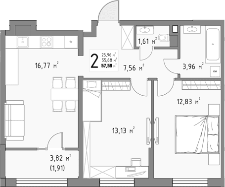 Продается 2-комн. квартира, 55.68 м²