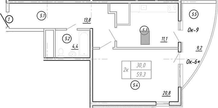 Продается 1-комн. квартира, 51.3 м²