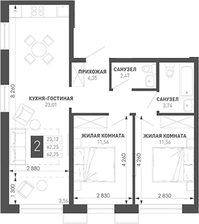 Продается 2-комн. квартира, 58.69 м²